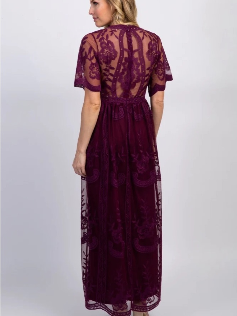 PinkBlush Burgundy Lace Mesh Overlay Maternity Maxi Dress - Picture 2 of 8
